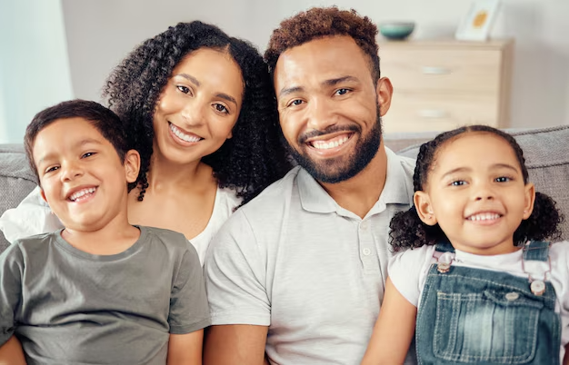 Happy family of four at the pharmacy