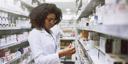 Pharmacist organizing medicine on a shelf